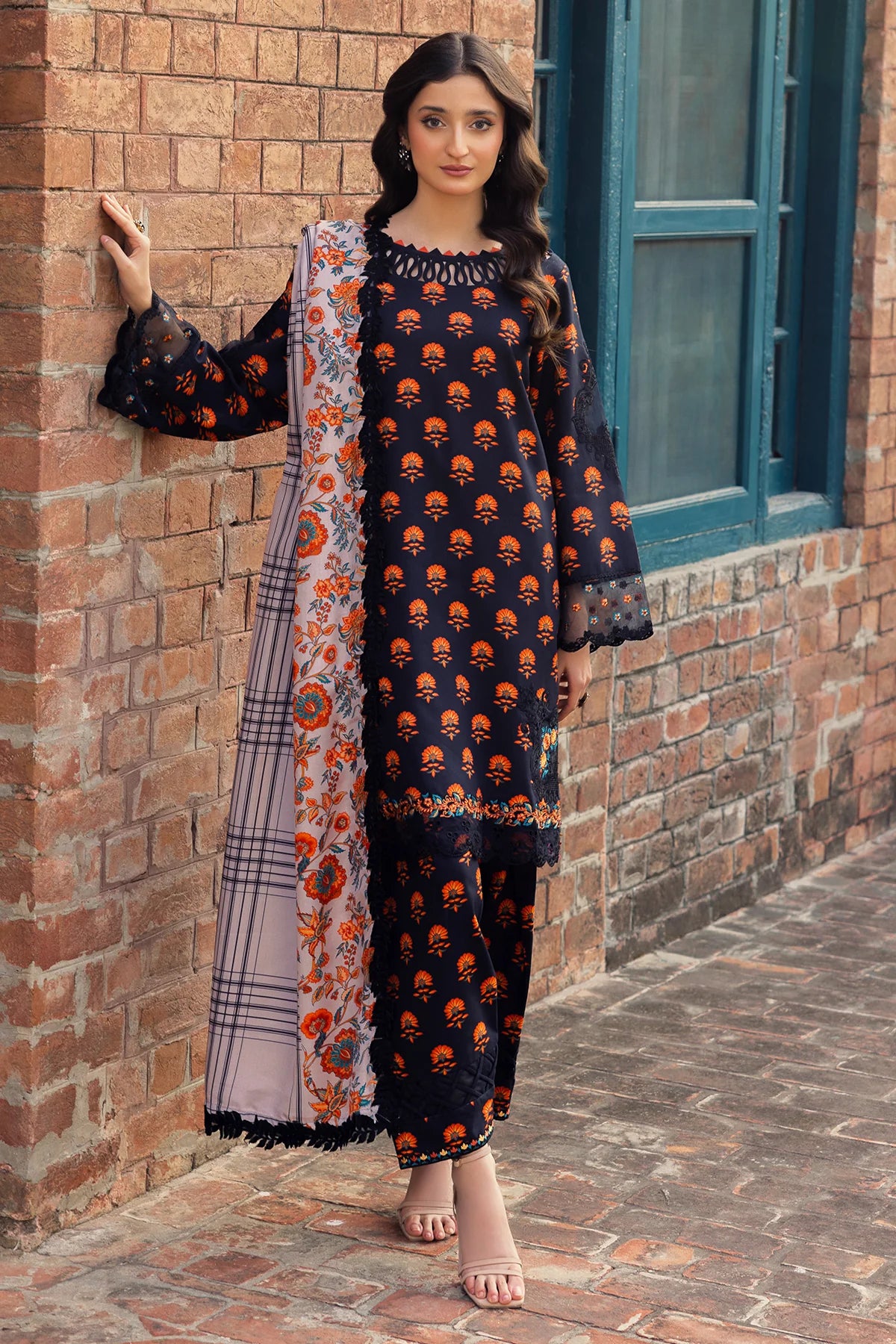 3-PC Embroidered Staple Shirt with Staple Shawl and Trouser