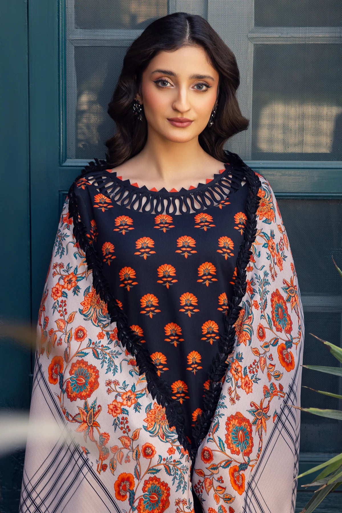 3-PC Embroidered Staple Shirt with Staple Shawl and Trouser