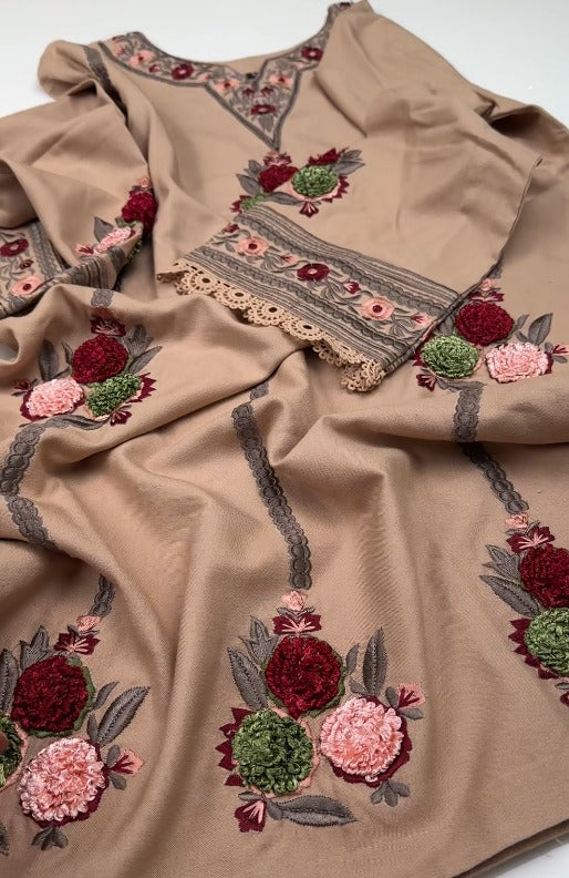 02-Piece Stitched Peach Wool Dhanak Embroidered Suit